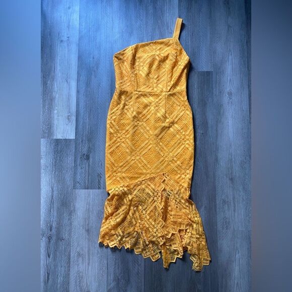 ASOS Lace Midi Dress Yellow One Shoulder NEW 10 Tall - Picture 2 of 10